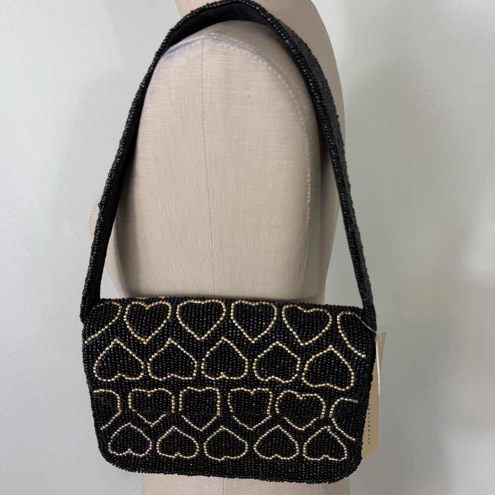 New Studio 12 Black‎ Gold Beaded Heart Shoulder Bag Evening Purse Handmade India